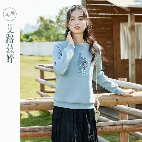 艾路丝婷花边拼接圆领卫衣女春秋季2024新款正肩绣花宽松上衣套头图片