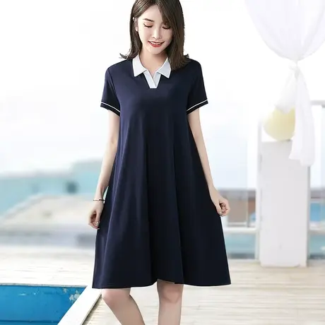 夏季女装2024新款大码遮胯减龄显瘦连衣裙翻领拼色Polo领a字长裙图片