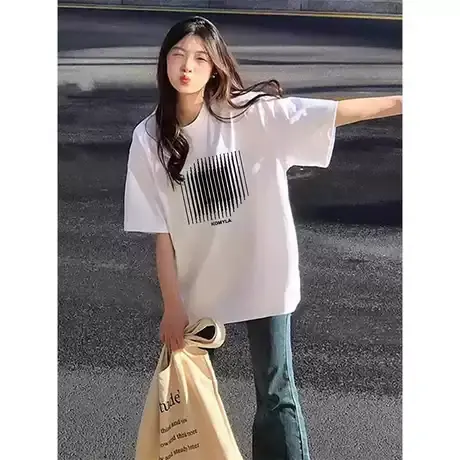 美式纯棉白色短袖T恤女2024夏季潮牌宽松情侣高街国潮圆领上衣ins图片