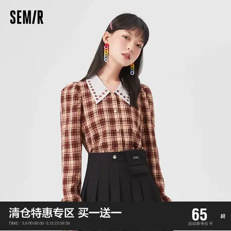森马长袖衬衫女拼接复古质感2021秋季新款小心机格纹衬衣女生气质图片