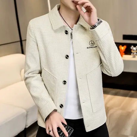 秋季华夫格玉米粒翻领外套男士春秋季潮牌帅气高级感夹克休闲上衣图片