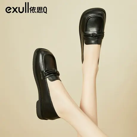 依思q厚底乐福鞋女2024春季新款女单鞋粗跟软皮一脚蹬女鞋英伦风商品大图