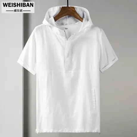 短袖卫衣男夏季拼接多袋连帽亚麻休闲T恤宽松凉爽透气麻料帽衫薄图片