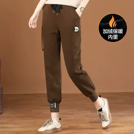 韩潮袭人松紧腰刺绣加绒运动裤女2023冬季新款显瘦束脚卫裤子厚图片