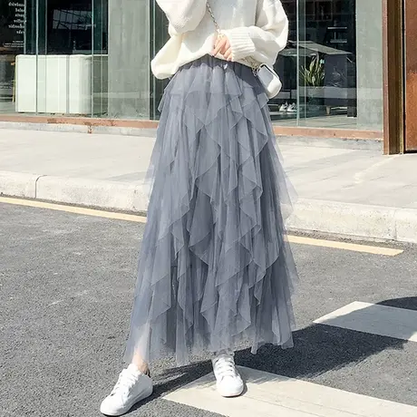 新款春秋显瘦不规则拼接仙女蓬蓬裙中长款网纱半身裙a字8906g图片