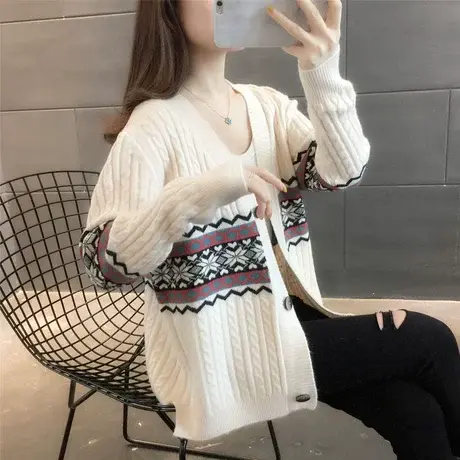 毛衣外套女秋装2022年新款提花针织开衫慵懒风宽松外穿长袖上衣女商品大图