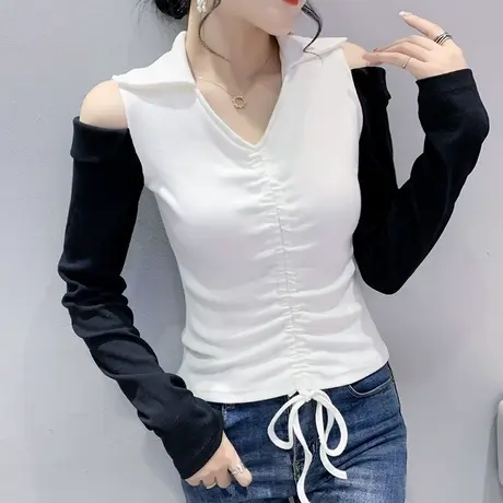 性感露肩长袖T恤女早秋设计感拼色抽绳上衣ins紧身V领高腰打底衫商品大图