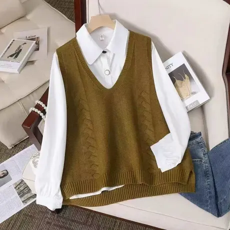 茧型v领针织马甲背心女2023秋装新款宽松外穿马夹不规则坎肩毛衣图片
