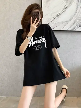 短袖t恤女2023年夏季新款港味复古chic半袖体恤纯棉中长款上衣潮商品大图