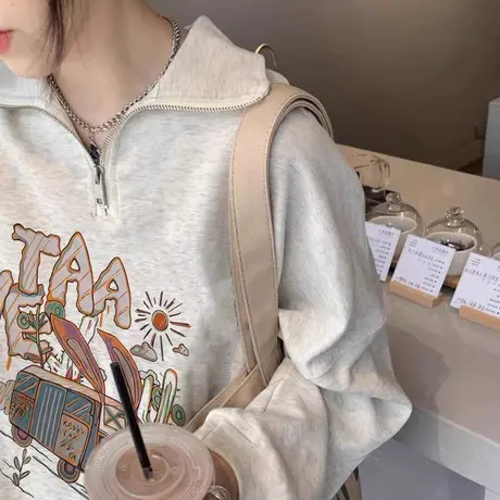 POLO领卫衣女纯棉2023新款爆款设计感小众复古宽松套头拉链外套潮图片