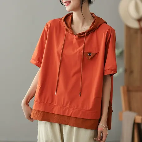 dza文艺复古连帽短袖T恤女2023夏季宽松拼接体恤显瘦百搭套头上衣商品大图