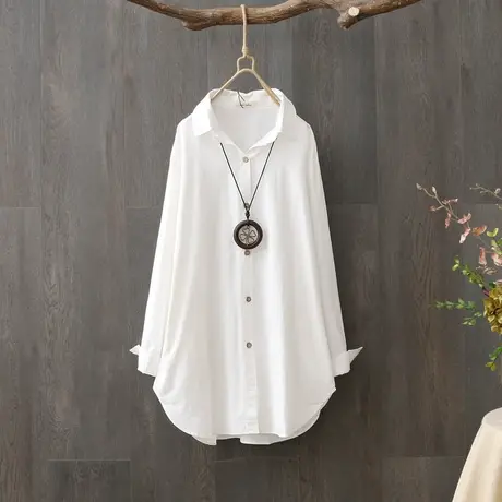 初秋女上衣轻熟文艺纯色白衬衫女宽松长袖中长款休闲外套衬衣上衣商品大图