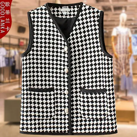 中年妈妈马甲外套外穿春秋新款2022加肥加大码千鸟格小香风马夹女商品大图