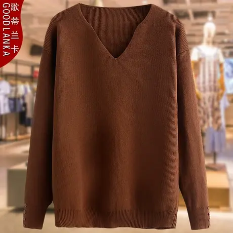 加肥加大码妈妈装春秋打底衫上衣宽松洋气V领百搭中年针织衫上衣商品大图