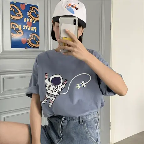 2020韩版新款原宿风学院风卡通童趣太空人宽松百搭纯棉短袖T恤女图片