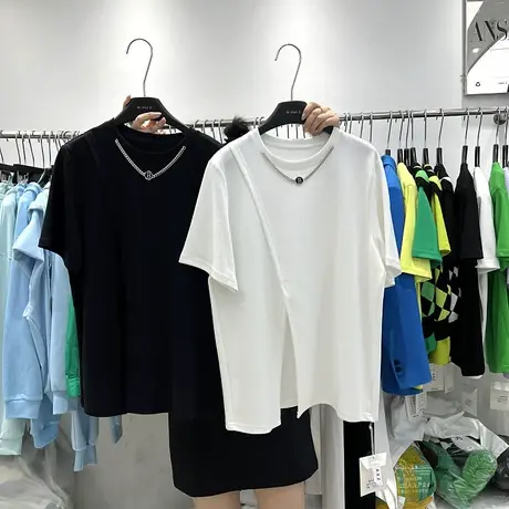 十三行女装2022春季新款韩版小众圆领套头链条斜襟侧开叉短袖T恤商品大图