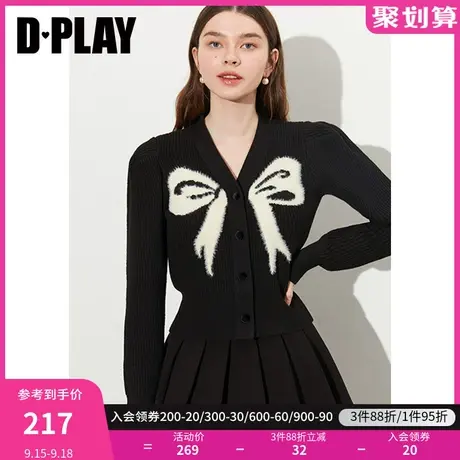 DPLAY秋装季新经典黑甜美可爱撞色蝴蝶结泡泡袖V领针织开衫外套图片