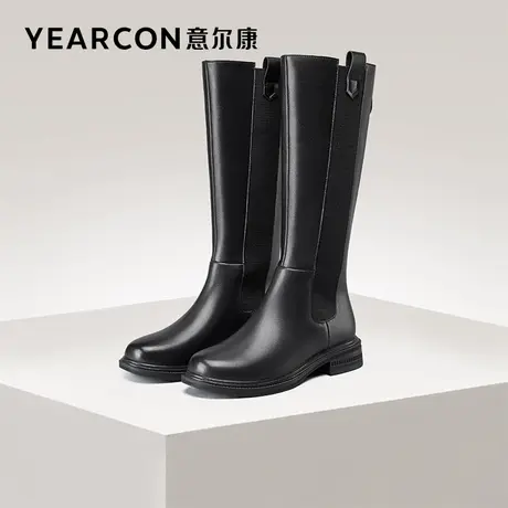 意尔康真皮小个子不过膝长筒靴女2023冬法式黑色高筒后拉链骑士靴商品大图