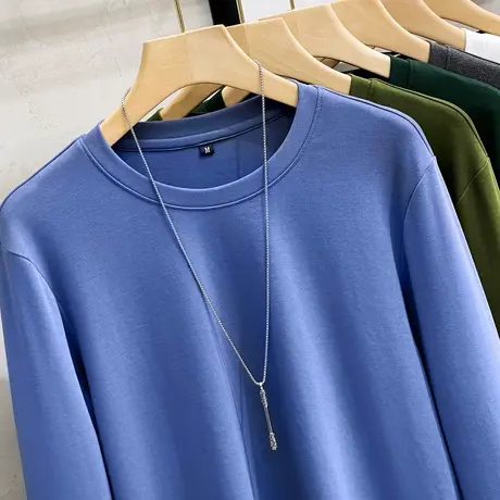 230克日系重磅圆领男士长袖t恤男装春夏季内搭上衣净色修身打底衫商品大图