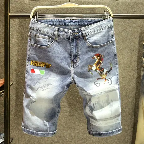 高端潮牌骏马印花牛仔短裤男修身韩版百搭中裤夏季薄款破洞五分裤商品大图