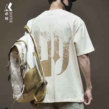 夏季280g小圆领重磅纯棉短袖t恤男美式复古字母印花大码半袖上衣商品大图