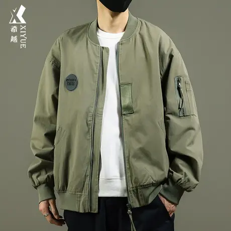 希越螺纹棒球服外套男军绿色2023秋季新款宽松大码飞行员男款夹克商品大图