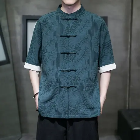 亚麻衬衫男短袖中国风唐装禅意茶服中式盘扣棉麻上衣男士衬衣半袖商品大图