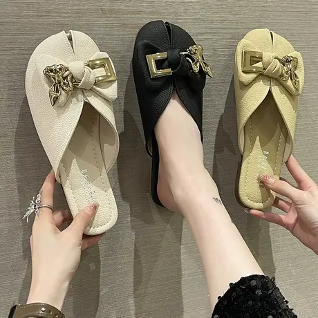 包头半拖鞋女夏外穿2023年新款鱼嘴平底孕妇懒人无后跟穆勒凉拖商品大图