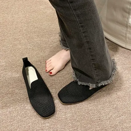 透气平底女针织单鞋女2023夏新款软底百搭编织鞋休闲舒适豆豆鞋秋商品大图