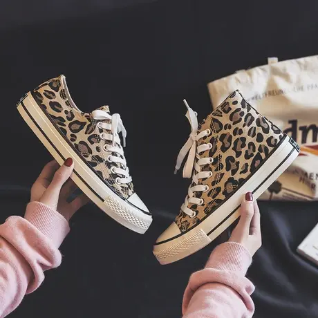 豹纹高帮加绒帆布鞋女2020新款冬季保暖二棉鞋韩版学生潮百搭板鞋图片