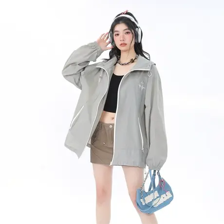 潮牌糖果色连帽防晒衣女夏季2024新款防紫外线刺绣运动防晒服外套商品大图