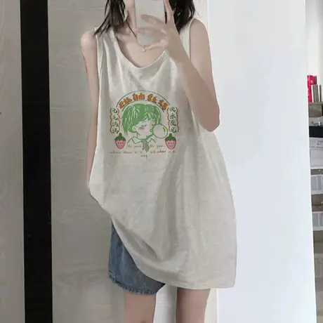 美式纯棉吊带运动坎肩背心无袖t恤女夏季外穿篮球服宽松挂脖上衣图片