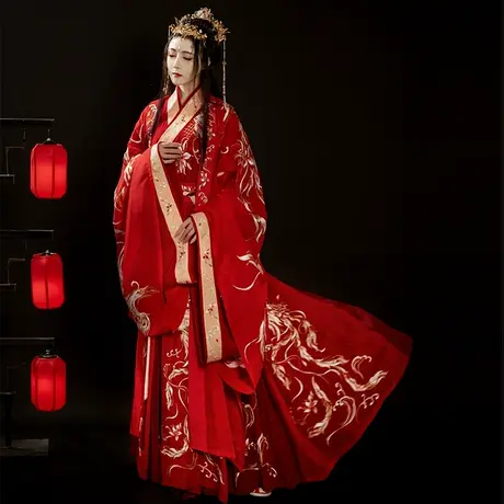 【如梦霓裳x神都夜行录】联名款九凤汉服大袖交领襦裙刺绣红花嫁图片