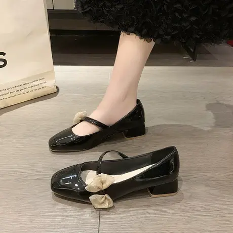 单鞋女粗跟温柔晚晚鞋2024新款春秋蝴蝶结方头小众玛丽珍浅口女鞋图片