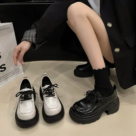 软皮厚底乐福鞋女2024年春秋新款英伦风小皮鞋百搭软底粗跟单鞋子图片