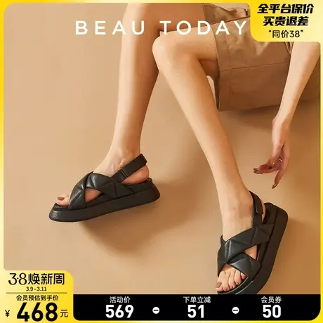 BeauToday凉鞋女2024新款BT厚底沙滩鞋外穿真皮罗马凉鞋休闲女鞋图片