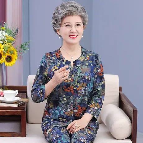 老年人睡衣女春秋款奶奶棉绸家居服大码中老年长袖冰丝妈妈套装夏图片