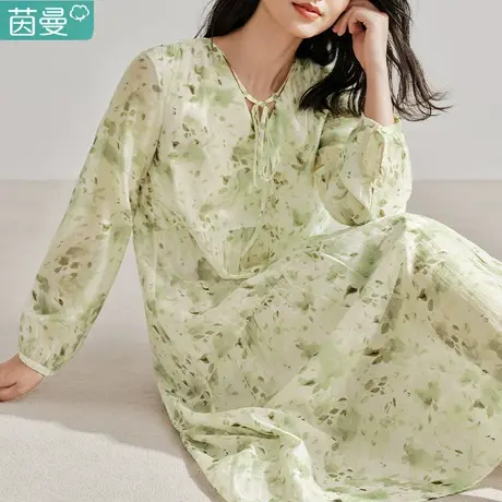 茵曼旗舰店法式碎花长裙女2024年夏季新款v领通勤裙子长袖连衣裙图片