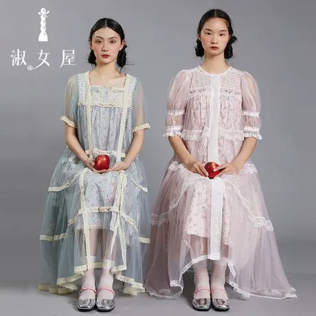 淑女屋官方旗舰店2022原创新款方领手工花朵雪纱两件套女式连衣裙图片