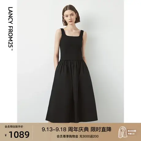 朗姿新式复古方领连衣裙2023夏季新款法式背心吊带裙小黑裙连衣裙商品大图