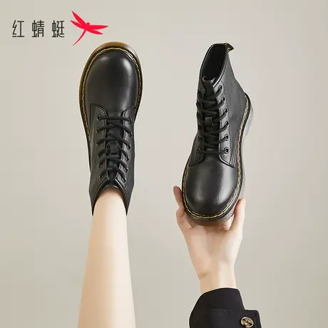 红蜻蜓炸街马丁靴女2023年秋冬季新款加绒平底靴子百搭英伦风短靴商品大图