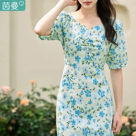 茵曼法式碎花气质裙子连衣裙女2023夏季新款中长款温柔泡泡袖长裙图片