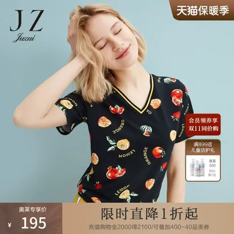 JUZUI玖姿夏季新款黑色水果印花休闲度假风女T恤商品大图