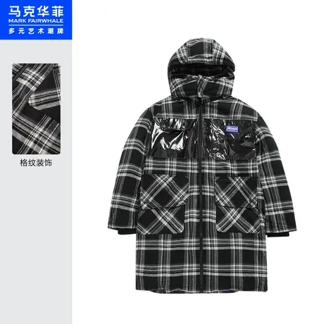 马克华菲创意拼接工装格纹长款羽绒服男22秋潮流连帽保暖上衣图片