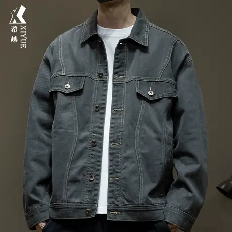 希越美式拼接牛仔外套男2024春季宽松大码休闲男士纯棉翻领夹克潮图片