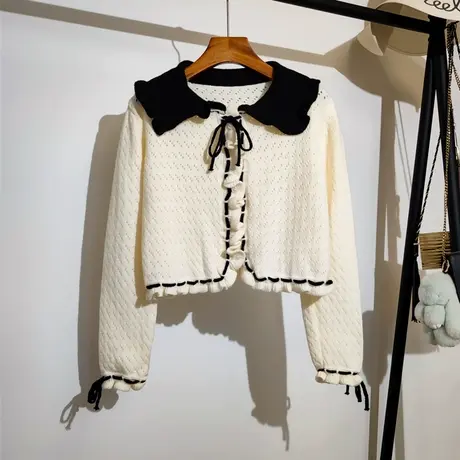 娃娃领针织开衫女秋冬新款韩系复古温柔袖口系带毛衣外穿短款上衣商品大图