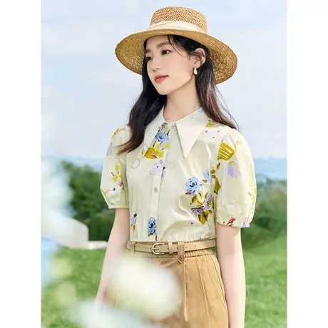 茵曼清新减龄衬衣2023夏女装新款尖角领泡泡袖印花宽松显瘦上衣图片