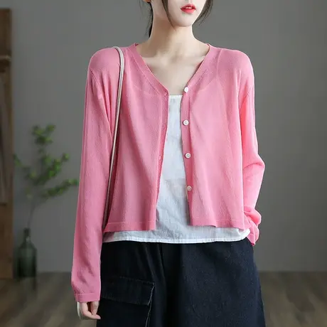 dza 文艺复古冰丝针织衫女士长袖短款开衫上衣新款夏季防晒衣外套商品大图