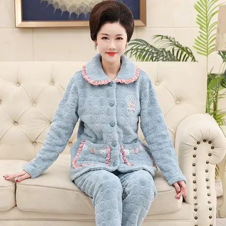 法兰绒冬季睡衣女士中老年妈妈加绒加厚夹棉家居服套装珊瑚绒新款图片
