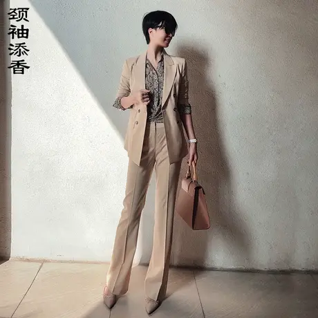 颈袖添香秋时尚ol职业装双排扣卡其色套装修身正装高端气质女装图片